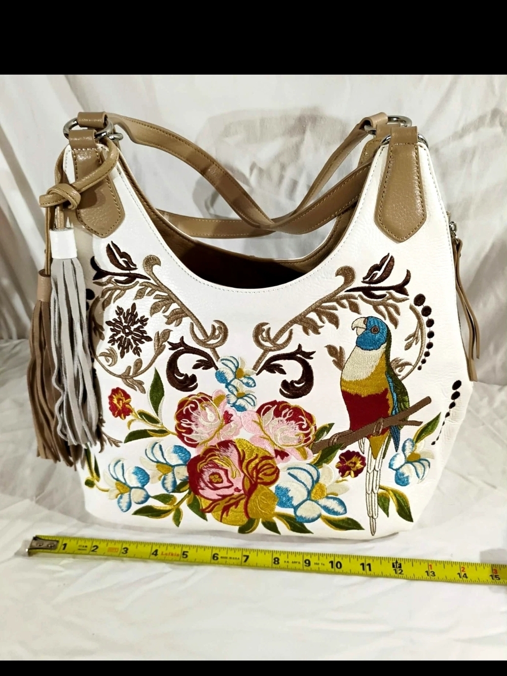 Sharif Cream Shoulder Bag with Multicolor Floral & Parrot Embroidery GUC - Picture 2 of 7